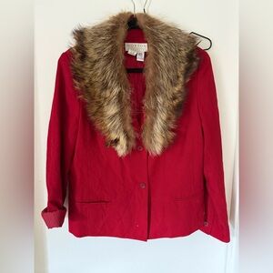 Vintage Red Blazer with Genuine Fur Collar